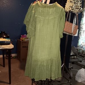 Euc Zara Sz M Green Ruffled Cotton Gauze Dress Boho Chic